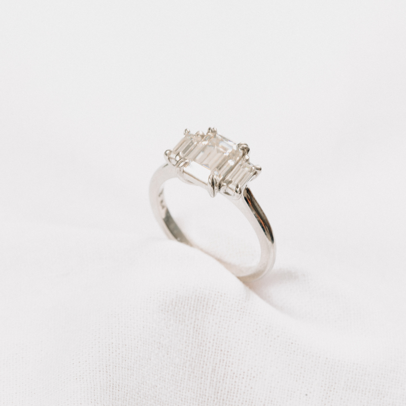 Moissanite Emerald and Baguette 3 Stone.