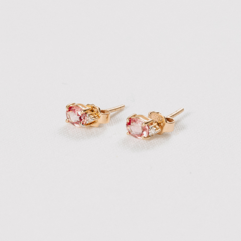 Peach-Pink Sapphire and Diamond Studs