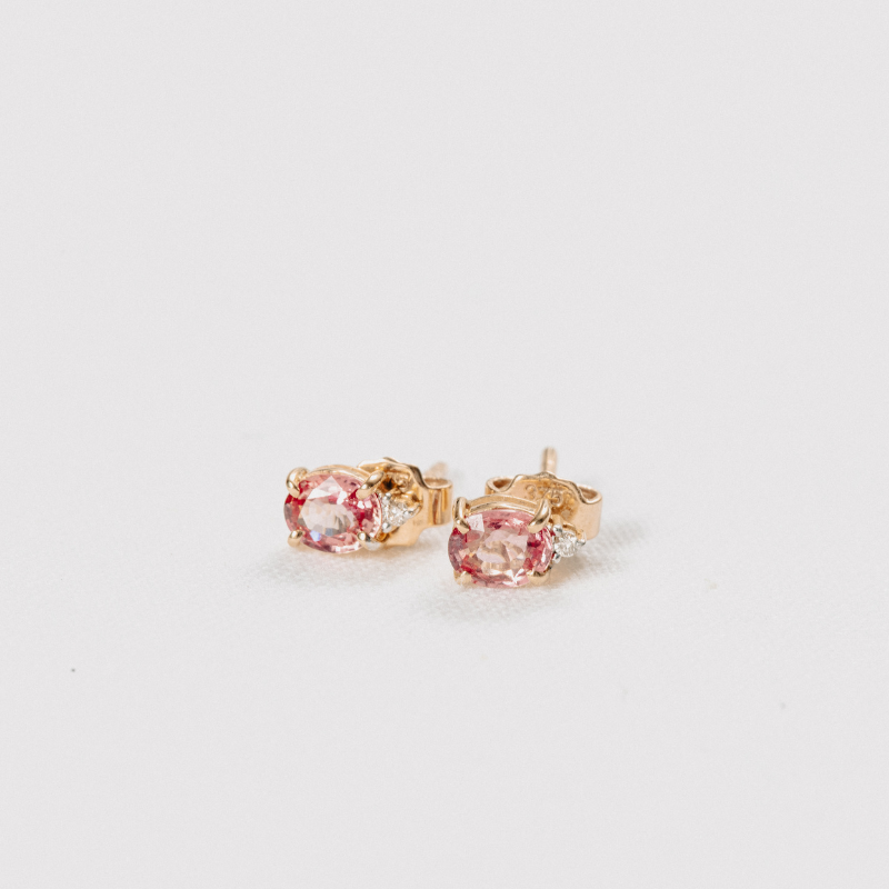 Peach-Pink Sapphire and Diamond Studs
