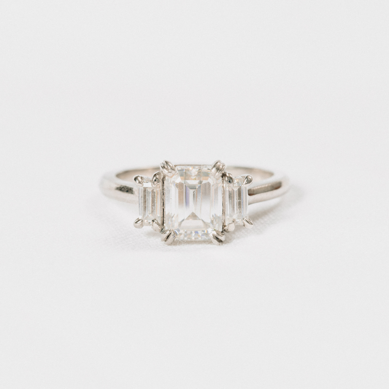 Moissanite Emerald and Baguette 3 Stone.